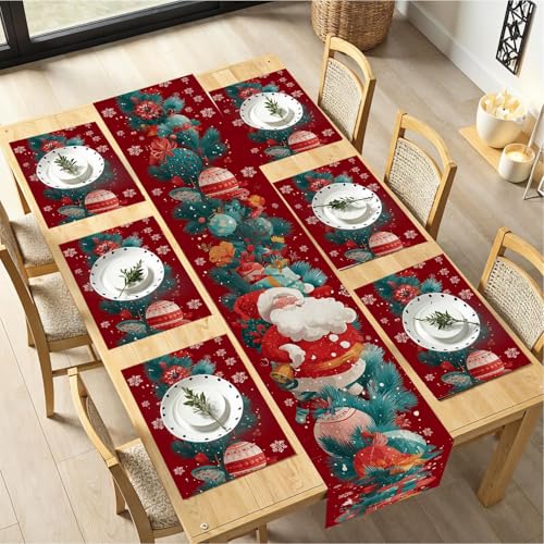 Tischläufer und Platzdeckchen-Set, Weihnachtsmann und Ornamente, 7-teilig (1 Tischläufer + 6 Platzdeckchen), rote Schneeflocken und Weihnachtsdekoration von THISFIND