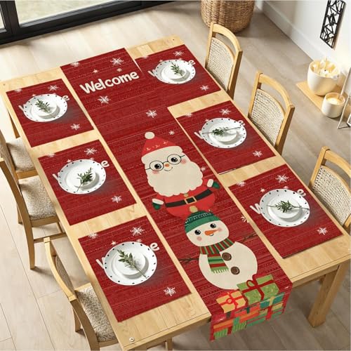 Tischläufer und Tischsets mit Weihnachtsmann und Schneemann, 7-teilig (1 Tischläufer + 6 Platzdeckchen), rote Schneeflocken, Urlaubsdekoration von THISFIND