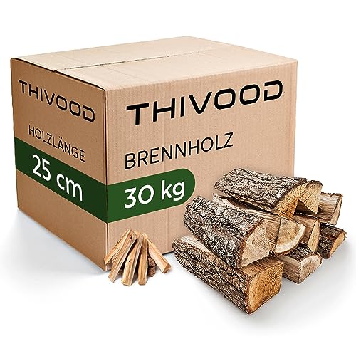 THIVOOD Brennholz 25 cm - Buchenholz & Eichenholz - Premium Feuerholz inklusive Anzündholz - trockenes 30 KG Hartholz mit unter 18% Restfeuchtigkeit - Ofenfertiges Kaminholz für Zuhause & Outdoor von THIVOOD