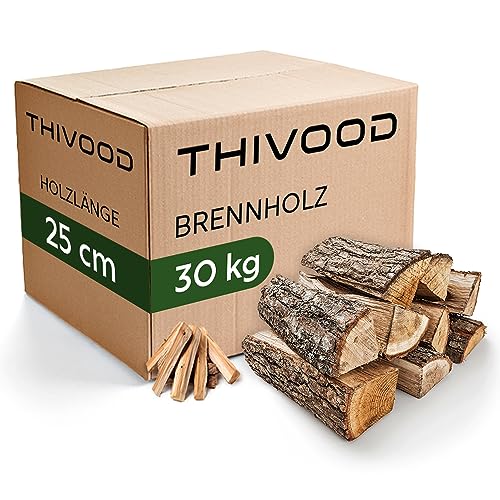 THIVOOD Brennholz 25 cm - hochwertiges Buchenholz - Premium Feuerholz inklusive Anzündholz - trockenes 30 Kg Hartholz mit unter 18% Restfeuchtigkeit - Ofenfertiges Kaminholz für Zuhause & Outdoor von THIVOOD