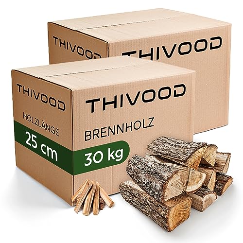 THIVOOD Brennholz 25 cm - Buchenholz & Eichenholz - Premium Feuerholz inklusive Anzündholz - trockenes 60 KG Hartholz mit unter 18% Restfeuchtigkeit - Ofenfertiges Kaminholz für Zuhause & Outdoor von THIVOOD