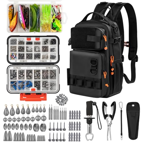 THKFISH 462-teiliges Angelwerkzeug-Set, Rucksack und Angelkasten mit Angelgerät, inklusive Köder, Haken, Senkblei, Zubehör-Set, Zange, Fischlippengreifer, Angelausrüstung und Angelgeschenk für Männer von THKFISH