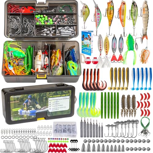 THKFISH Angelköder-Set, 299 Stück Angelzubehör Ausrüstung, Angelset Angelsachen Angelkoffer Köderbox mit Angel Zubehör Köder Angelhaken Angelblei Spinnköder von THKFISH