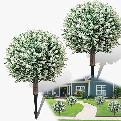 2PCS Künstlicher Buchsbaumkugeln Kunstpflanze mit Erdspieß, 61cm Außen Künstliche Sträucher Büsche Pflanzen mit UV-Schutz für Blumentopf Büro Garten von THKFUL