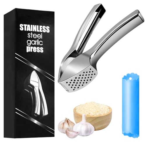 Neue Premium Knoblauchpresse und Silikonschäler,Stylische Zinklegierung Garlic Press Spülmaschinenfest,Silber Knoblauch Crusher Küchenhelfer,Extra Stark & Strapazierfähig Handlich Leicht zu Reinigen von THKO