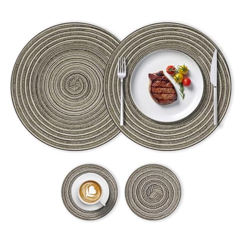 Teller Untersetzer Rund, Tisch Untersetzer-Set 2 Tischsets Abwaschbar 30cm 2 Coasters 11 cm Placemat rutschfest Platzdeckchen Stoff Platzsets Hitzebeständig Große Tischuntersetzer Kaffeefarben von THKO