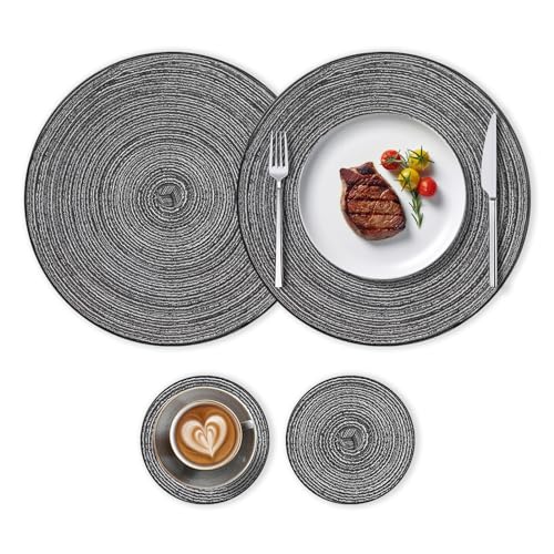 THKO Platzsets und Untersetzer, Grau 4er Set - 2 Groß Tischuntersetzer 30cm und 2 Untersetzer Teller 11cm Tischsets Platzsets Abwaschbar rutschfest Runde Baumwolle Hitzebeständig Platzdeckchen von THKO