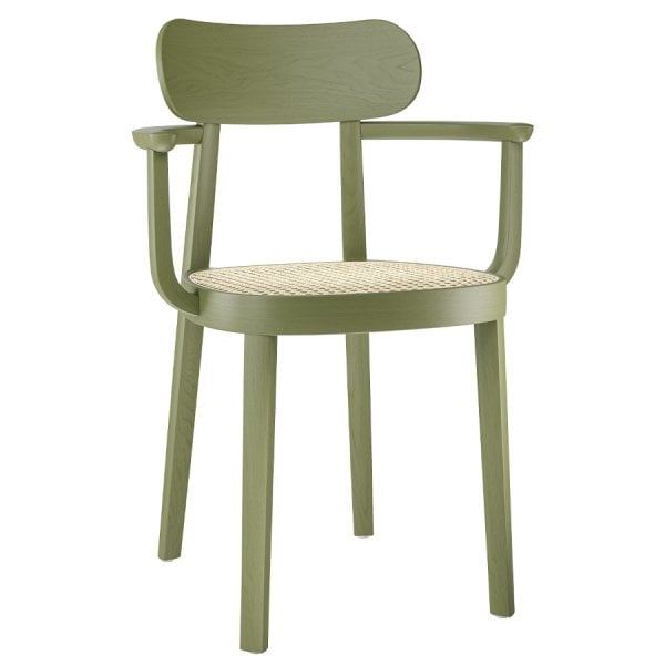 THONET 118 F Holzstuhl mit Armlehnen | Rohrgeflecht-Sitz | Buche gebeizt oliv... von THONET