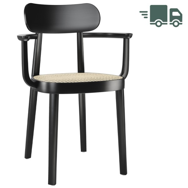 THONET 118 F Holzstuhl mit Armlehnen | Rohrgeflecht-Sitz | Buche gebeizt schwarz THONET 118 F Holzstuhl mit Armlehnen | Rohrgeflecht-Sitz | Buche gebeizt schwarz von THONET