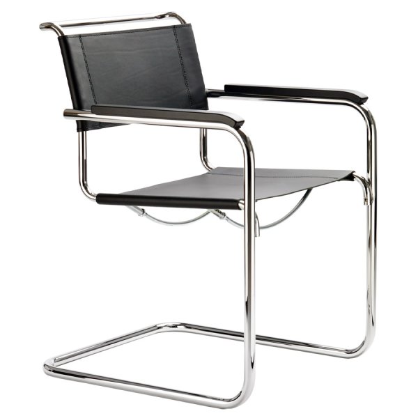 THONET Stahlrohr-Freischwinger S 34 mit Armlehnen | Sitz u. Rücken Kernleder ... von THONET