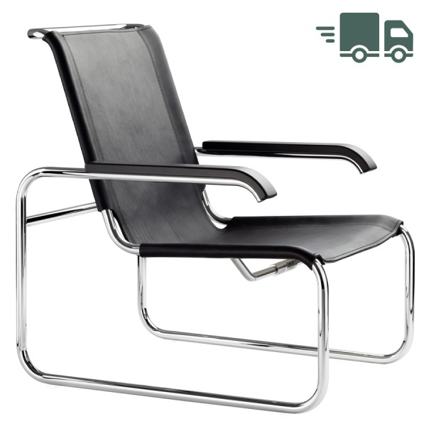 THONET Stahlrohr Loungesessel S 35 L mit Armlehnen | Leder schwarz | Gestell ... von THONET