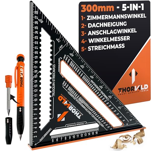 THORVALD Zimmermannswinkel 5-in-1 300 mm Winkelmesser Anschlagwinkel - Inkl. Tieflochmarker - Aluminiumwinkel zum präzisen Anreißen & Zeichnen/Multifunktional Perfekt um Zeit zu sparen THORVALD Zimmermannswinkel 5-in-1 300 mm Winkelmesser Anschlagwinkel - Inkl. Tieflochmarker - Aluminiumwinkel zum präzisen Anreißen & Zeichnen/Multifunktional Perfekt um Zeit zu sparen von THORVALD