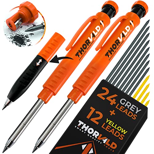 THORVALD 2 Zimmermannsbleistifte Set für den Bau - inkl. 38 Minen + Spitzer + Fingergriff - Solide Druckbleistifte mit feiner Spitze / Beste Markierungswerkzeuge Bau/Tischler/Anreißer THORVALD 2 Zimmermannsbleistifte Set für den Bau - inkl. 38 Minen + Spitzer + Fingergriff - Solide Druckbleistifte mit feiner Spitze / Beste Markierungswerkzeuge Bau/Tischler/Anreißer von THORVALD