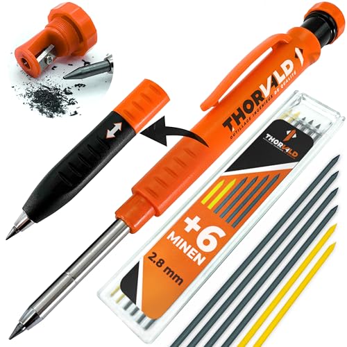 THORVALD Robuster Tieflochmarker Bleistift [+ 7 Minen + Spitzer + Schreibgriff] Set - Zimmermannsbleistift Dicke -Bohrlochmarker Druckbleistift Handwerker Holz Metall Beton Bau Baustelle von THORVALD