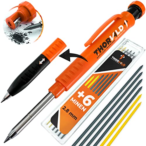 THORVALD Robuster Tieflochmarker Bleistift [+ 7 Minen + Spitzer + Schreibgriff] Set - Zimmermannsbleistift Dicke -Bohrlochmarker Druckbleistift Handwerker Holz Metall Beton Bau Baustelle von THORVALD