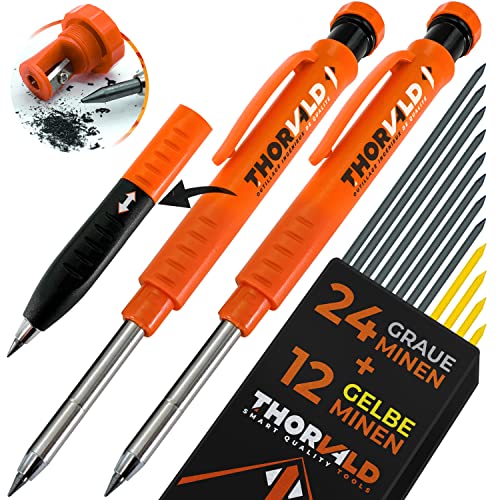 THORVALD Set Tieflochmarker Bleistift (2 x Zimmermannsbleistift + 38 Minen + Spitzer + Schreibgriff) - Handwerker Holz Metall Beton Bau von THORVALD