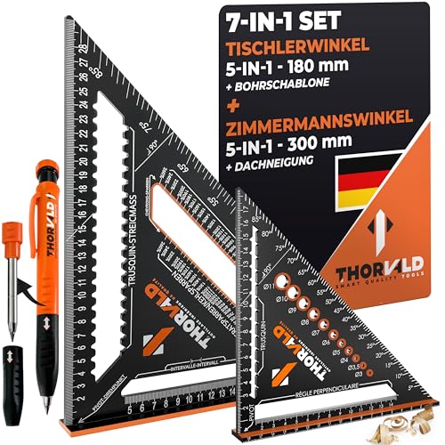 THORVALD Zimmermannswinkel 7-in-1 Set 300 mm + 180 mm Winkelmesser Anschlagwinkel - Inkl. Tieflochmarker - Aluminiumwinkel zum präzisen Anreißen & Zeichnen/Multifunktional Perfekt um Zeit zu sparen THORVALD Zimmermannswinkel 7-in-1 Set 300 mm + 180 mm Winkelmesser Anschlagwinkel - Inkl. Tieflochmarker - Aluminiumwinkel zum präzisen Anreißen & Zeichnen/Multifunktional Perfekt um Zeit zu sparen von THORVALD