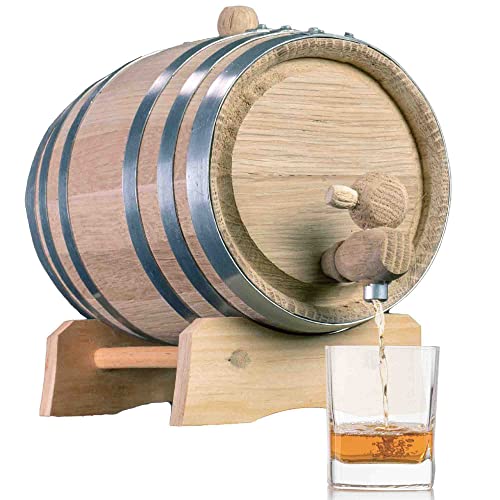 1 Liter Eichenfass (Distillerie-Serie – Stahlreifen, unlackiert) mit Holzständer, Stöpsel und Zapfhahn – 1 l verkohlte Bourbon-Whiskyfässer für den Hausbrauer, Destillator, Weinbereiter, von THOUSAND OAKS BARREL