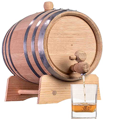 2 Liter Eichenfass (Distillerie-Serie – Stahlreifen, unlackiert) mit Holzständer, Stöpsel und Zapfhahn – 2 l verkohlte Bourbon-Whiskyfässer für den Hausbrauer, Destillator, Weinbereiter, von THOUSAND OAKS BARREL