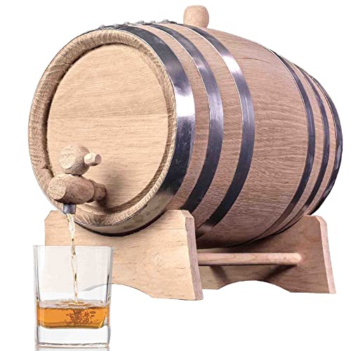 3 Liter Eiche Alterungsfass (Destillery Series,Stahlreifen, unlackiert) mit Holzständer, Stöpsel und Zapfhahn,Charred Oak Bourbon Whiskey Fass für den Hausbrauer, Weinmacher, Cocktailalterung von THOUSAND OAKS BARREL