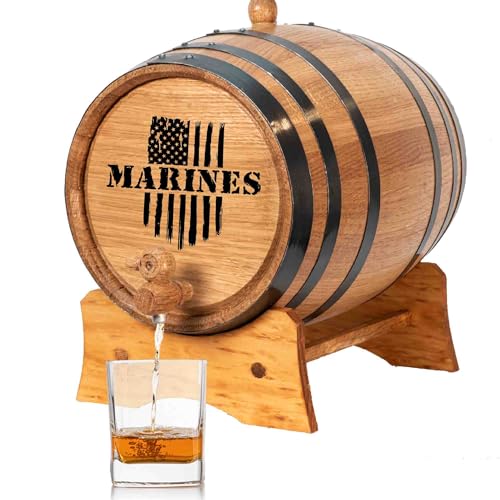 Marines USMC Eichenfass mit Gravur, 1 Liter mit Holzständer, Stöpsel und Zapfen – Militär-Veteranen-Geschenke, Mini-Whisky-Fass für den Heimbrenner, Brauer, Moonshiner und Winzer von THOUSAND OAKS BARREL