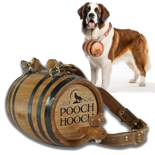 St. Bernard Whiskey-Fass-Halsband für Hunde, Pooch Hooch' – 1/2 Liter Eichenfass Spender für Bernhardiner-Hunde mit verstellbarem Hundegeschirr aus echtem Leder von THOUSAND OAKS BARREL