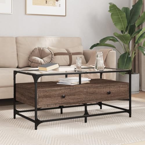 THOYTOUI Couchtisch mit Glasplatte Braun Eichen-Optik 98,5x50x45cm Stahl, Beistelltisch Sofatisch Tisch Wohnzimmer Wohnzimmertisch Geeignet für Büro Wohnung Hotel Flur THOYTOUI Couchtisch mit Glasplatte Braun Eichen-Optik 98,5x50x45cm Stahl, Beistelltisch Sofatisch Tisch Wohnzimmer Wohnzimmertisch Geeignet für Büro Wohnung Hotel Flur von THOYTOUI
