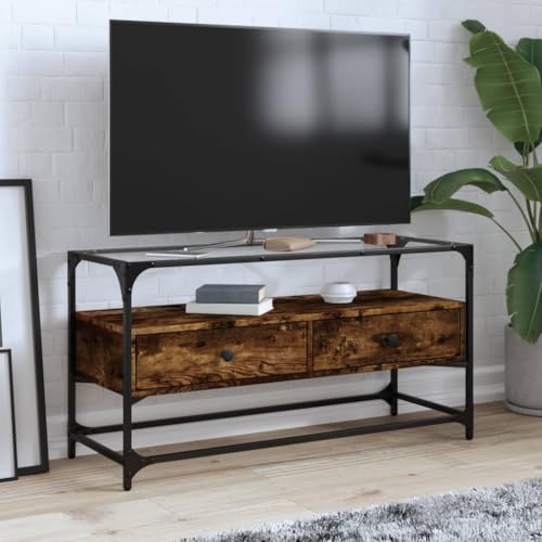 TV Schrank mit Glasplatte Räuchereiche 98x35x51cm Holzwerkstoff, Sideboard Lowboard Fernseher Tisch Fernsehtisch Geeignet für Wohnzimmer Wohnung Wohnheim Hotel TV Schrank mit Glasplatte Räuchereiche 98x35x51cm Holzwerkstoff, Sideboard Lowboard Fernseher Tisch Fernsehtisch Geeignet für Wohnzimmer Wohnung Wohnheim Hotel von THOYTOUI