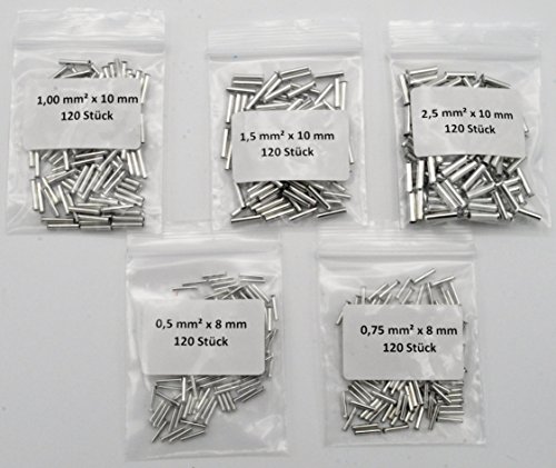 Aderendhülsen Set Sortiment unisoliert blank 0,5/0,75/1,0/1,5/2,5mm² 600 Stück wiederverschließbar von THR Industrieprodukte