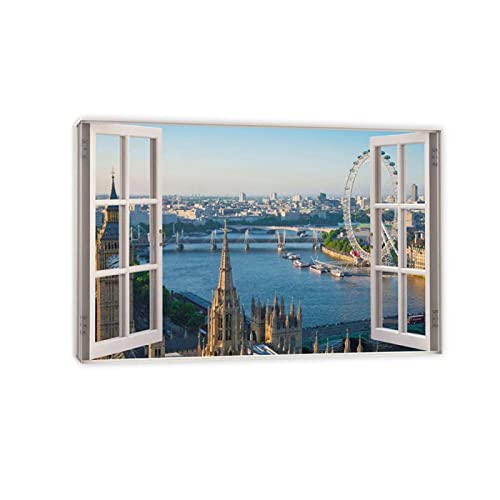 Bilder auf Leinwand mit Fensterblick-Leinwandbild mit Kunstdruck-3D-Effekt Fensteransicht Bilder Landschaftsbilder Meerblick Gemälde-Fensterblickbild auf Holzrahmen gespannt-London Eye 70x105cm28"x41" von THREMA