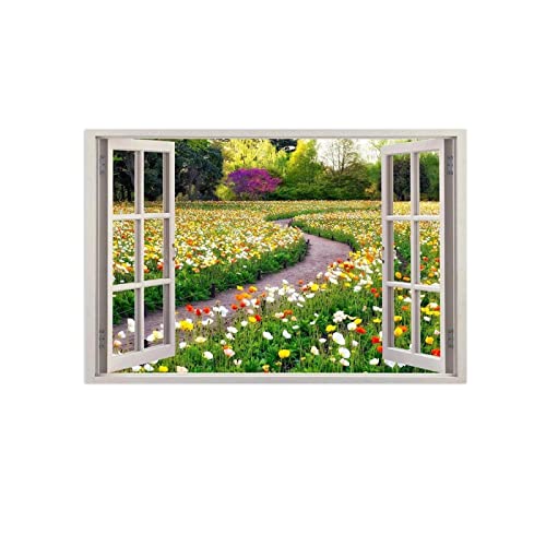 THREMA Bilder auf Leinwand mit Fensterblick-Leinwandbild mit Kunstdruck-3D-Effekt Fensteransicht Bilder Landschaftsbilder Meerblick Gemälde-Garten 70x105cm28 x41 Rahmenlos von THREMA