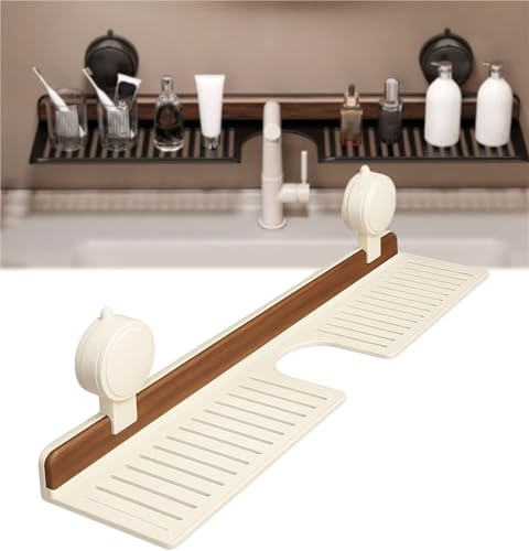 Badezimmerregal Mit Saugnapf Aus Walnussholz, Wandregal Aus Walnussholz For Waschbecken Über Dem Wasserhahn, Bohrfreies, Waschbecken-Badezimmerregal-Organizer Über Dem Wasserhahn(White,19.69in) von THUCHENYUC