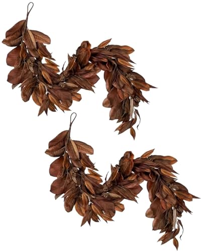 Braune Magnolienblattgirlande, 6 Fuß Realistische Magnolienblattgirlande, Künstliche Herbstmagnolienblättergirlanden Mit Tannenzapfen for Zuhause, Kamin, Veranda(2pcs) von THUCHENYUC