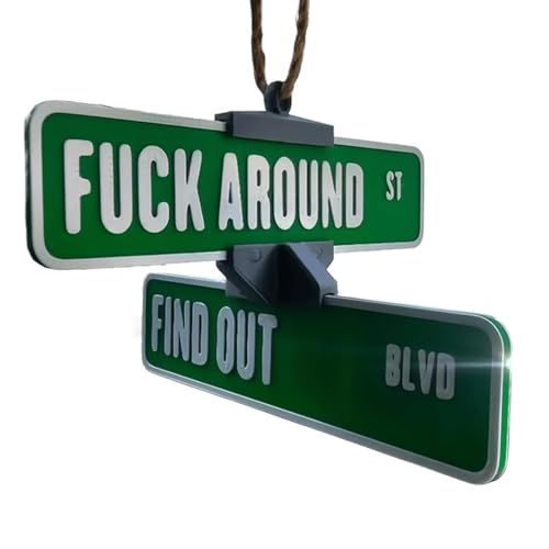 Straßenschild-Aufhänger „Fuck Around and Find Out“, 3D-gedrucktes, Drehbares Warnschild, Dekoration, Lustiges Autospiegel-Ornament, Lustige Dekorationen for Auto, LKW, Garage(Green) von THUCHENYUC