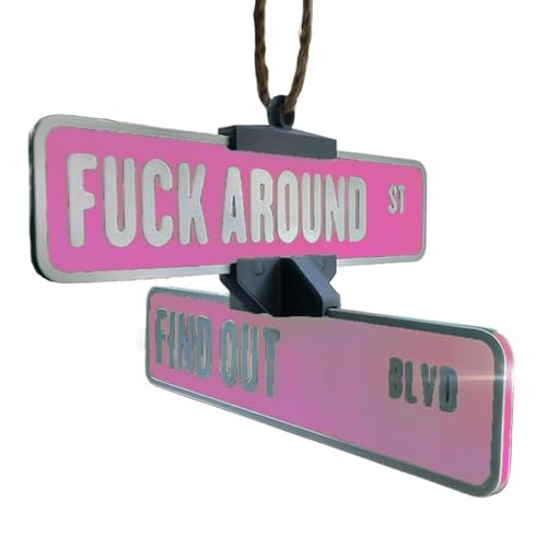 Straßenschild-Aufhänger „Fuck Around and Find Out“, 3D-gedrucktes, Drehbares Warnschild, Dekoration, Lustiges Autospiegel-Ornament, Lustige Dekorationen for Auto, LKW, Garage(Pink) von THUCHENYUC