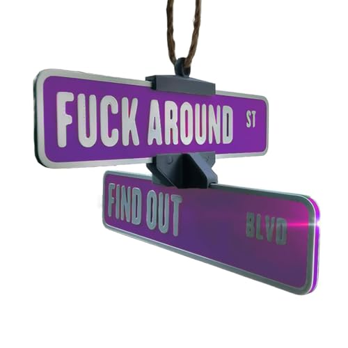 Straßenschild-Aufhänger „Fuck Around and Find Out“, 3D-gedrucktes, Drehbares Warnschild, Dekoration, Lustiges Autospiegel-Ornament, Lustige Dekorationen for Auto, LKW, Garage(Purple) von THUCHENYUC