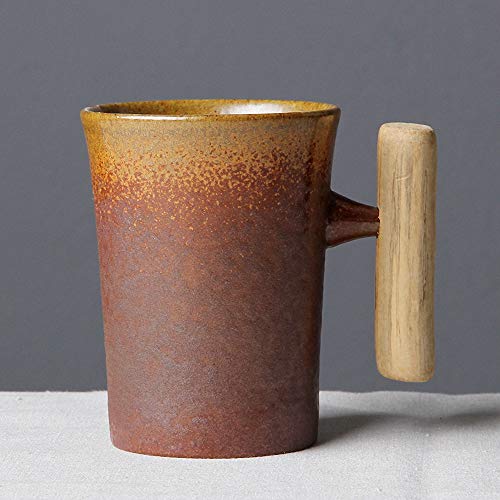 THUMBGEEK Japanischer Vintage-Kaffeetasse mit Holzgriff, Keramik, Wasserbecher für Zuhause und Büro (Gelb-B) von thumbgeek