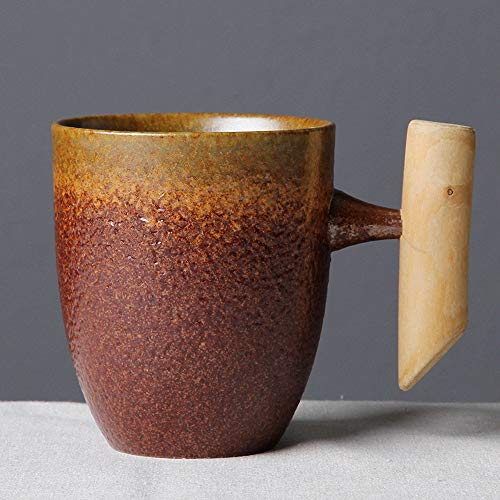 THUMBGEEK Japanischer Vintage-Kaffeebecher mit Holzgriff, Keramik, Wasserbecher für Zuhause und Büro (gelb-C) von thumbgeek