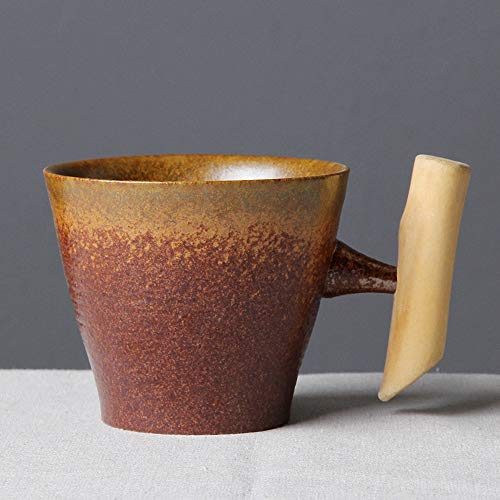 THUMBGEEK Japanischer Vintage-Kaffeebecher mit Holzgriff, Keramik, Wasserbecher für Zuhause und Büro (Gelb-D) von thumbgeek