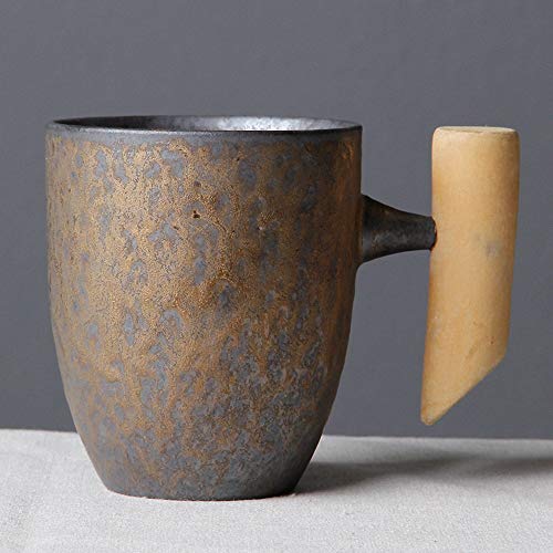 THUMBGEEK Japanischer Vintage-Kaffeebecher mit Holzgriff, Keramik, Wasserbecher für Zuhause und Büro (Grau-C) von thumbgeek