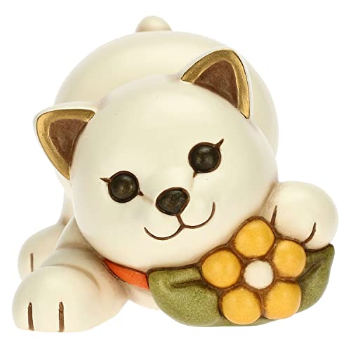 THUN - Figur Katze mit Blume - Gastgeschenk für Kommunion - Dekorierte Keramik - 9,8 x 7,5 x 7,2 cm h von THUN