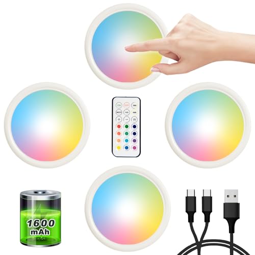 RGB LED Küchenlicht Unterbau ohne Kabel,Küchenlampe Unterbau LED Farbwechsel,Unterbauleuchte Akku-1600mAh USB Aufladbar,Magnetisch Schrankbeleuchtung mit Fernbedienung Kabellos,LED Spot Akku Batterie von THUNDOO