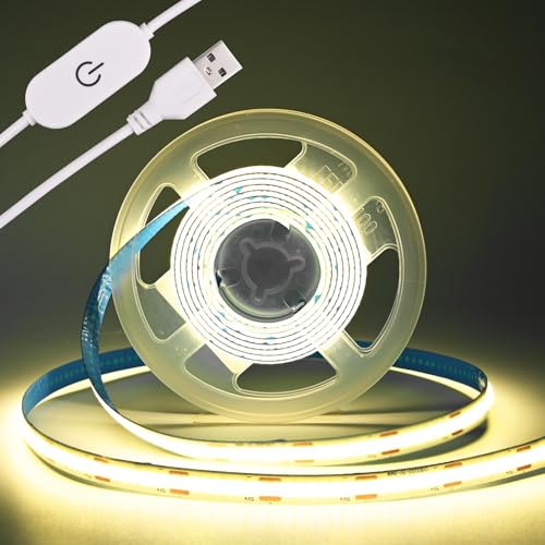 THUNGCIT COB-LED-Lichtstreifen, 5 V, USB-Band, 320 LEDs/m, dimmbarer LED-Lichtstreifen, USB-TV-Hintergrundbeleuchtung, flexibles Unterschrank-Bandlicht für Schlafzimmer (Natürliches Weiß 4000K, 2M) von THUNGCIT