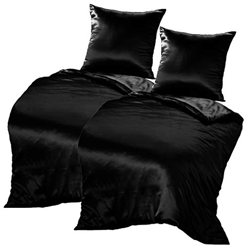 THXSILK 100% Seidenbettwäsche Set 4 teilig, 2 Bettbezüge 135 x 200 cm und 2 Kissenbezüge 80 x 80 cm, 19 Momme Maulbeerseide Bettwäsche, Weich Komfortabel und Glatt, Schwarz von THXSILK