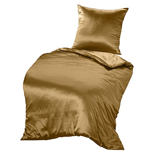 THXSILK Seidenbettwäsche Set 2 teilig, Bettbezug 135 x 200 cm und 80 x 80 cm Kissenbezug, Hypoallergen 19 Momme Maulbeerseide Bettwäsche, Ultra Weich und Glatt, Gold von THXSILK