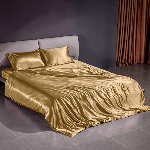 THXSILK 22 Momme Seidenbettwäsche Set 3 teilig, Bettbezug 200 x 220 cm und 2 Kissenbezüge 40 x 80 cm, Hypoallergen Maulbeerseide Bettbezug Set, Ultra Weich und Glatt, Gold von THXSILK