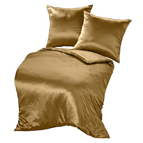 THXSILK Seidenbettwäsche Set 3 teilig, Bettbezug 200 x 200 cm und 2 Kissenbezüge 80 x 80 cm, Hypoallergen 19 Momme Maulbeerseide Bettwäsche, Ultra Weich und Glatt, Gold von THXSILK