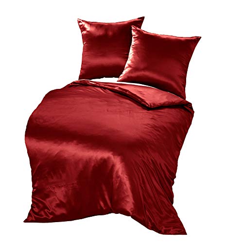 THXSILK Seidenbettwäsche Set 3 teilig, Bettbezug 200 x 200 cm und 2 Kissenbezüge 80 x 80 cm, Hypoallergen 19 Momme Maulbeerseide Bettwäsche, Ultra Weich und Glatt, Rot von THXSILK