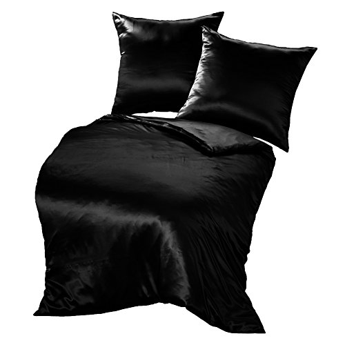 THXSILK Seidenbettwäsche Set 3 teilig, Bettbezug 200 x 220 cm und 2 Kissenbezüge 80 x 80 cm, Hypoallergen 19 Momme Maulbeerseide Bettwäsche, Ultra Weich und Glatt, Schwarz von THXSILK