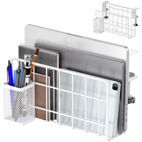 THYGIFTREE Schreibtisch-Seitenaufbewahrung, vertikaler Laptop-Ständer, Laptop-Halter Schreibtisch mit Stifthalter, Klemme auf Schreibtischregal, Weiß von THYGIFTREE